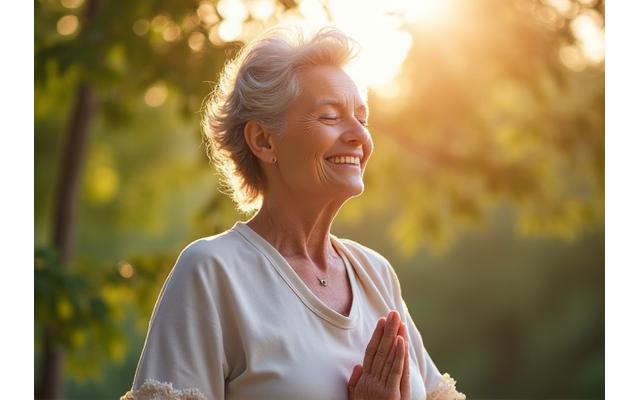 Donna sorridente di mezza età che fa stretching, simboleggiando energia e benessere