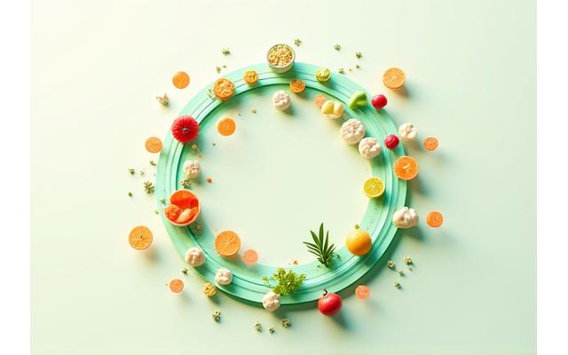 Grafico stilizzato di un ciclo mestruale con indicatori nutrizionali e cibi sani