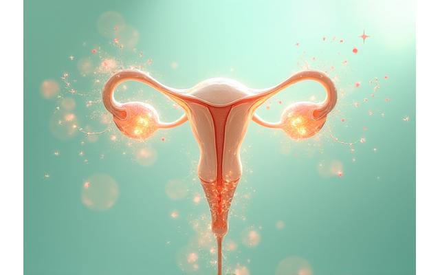Illustrazione di organi riproduttivi femminili stilizzati con elementi di piante e salute