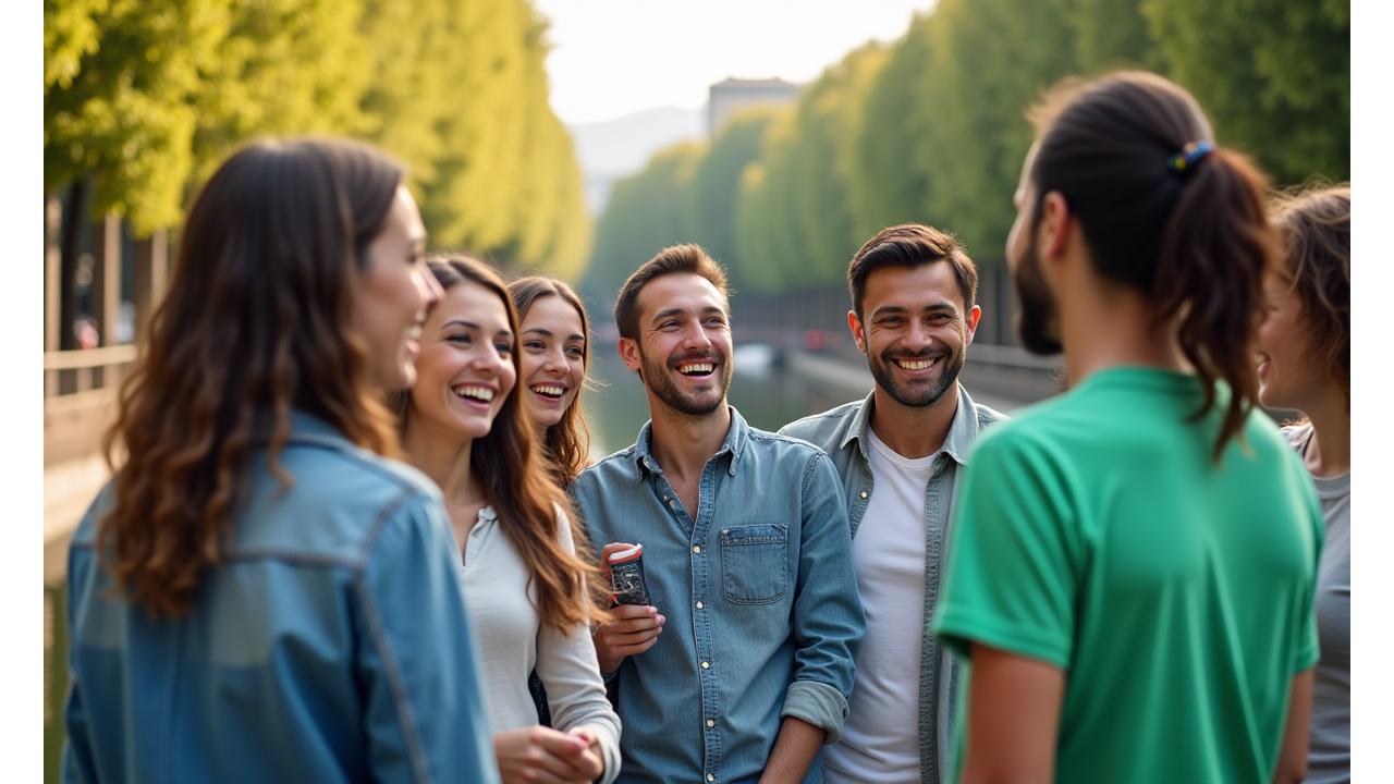 Membri del team di Equilibrio Vita che svolgono attività di team building all'aperto a Milano, sorridendo e interagendo, mostrando un ambiente di lavoro positivo e collaborativo.