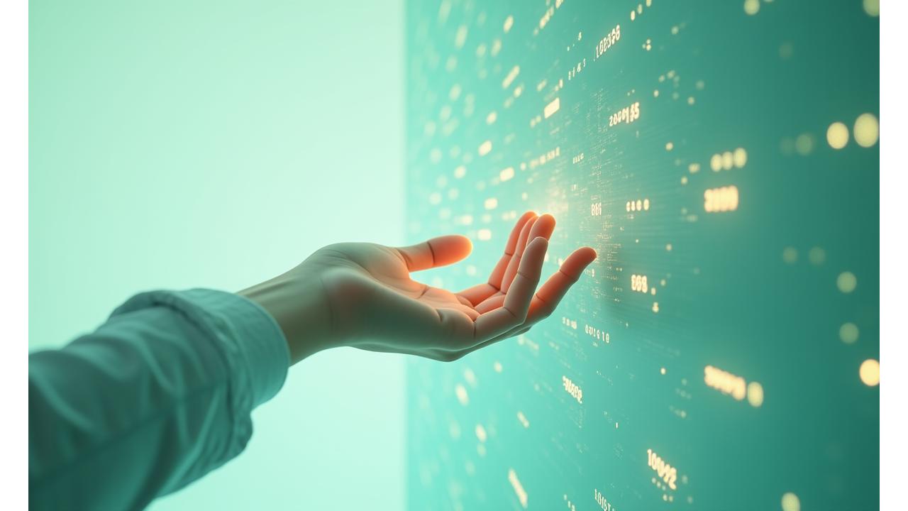 Una mano umana che tocca leggermente una bolla digitale o un'interfaccia AI, simboleggiando la filosofia umana-centrica, in un ambiente futuristico e pulito.