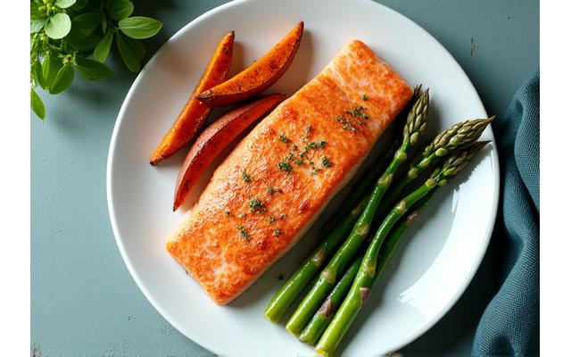 Piatto di salmone al forno con asparagi e patate dolci