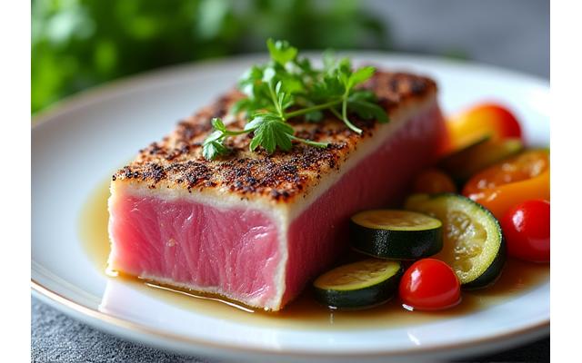 Bistecca di tonno scottata con verdure miste mediterranee