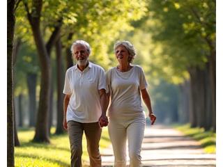 Coppia anziana sorridente che cammina nel parco