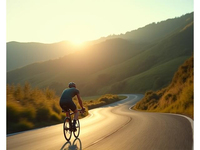 Ciclista su strada in fase di preparazione su una strada panoramica della Brianza, con un paesaggio collinare sullo sfondo. L'immagine trasmette energia e focus.