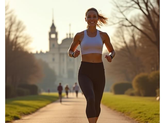 Runner femminile di Milano che si allena nel Parco Sempione al mattino presto, con il Castello Sforzesco sullo sfondo. Fotografia dinamica e motivante.