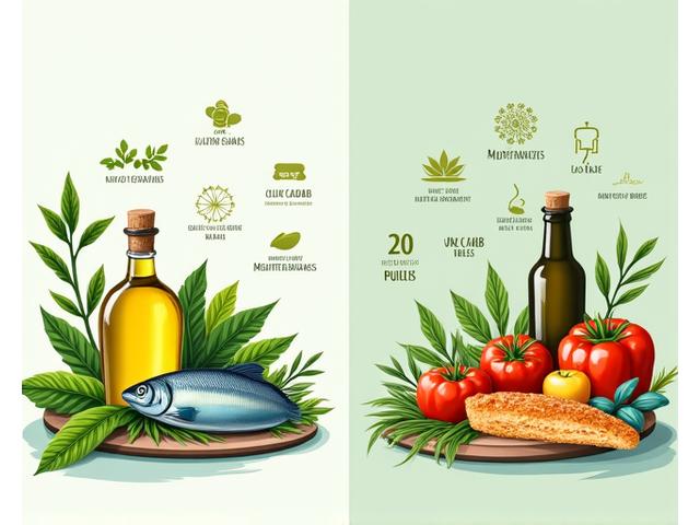 Infografica che illustra la fusione tra dieta Low-Carb e dieta Mediterranea, con simboli di olio d'oliva, pesce, verdure e erbe aromatiche.