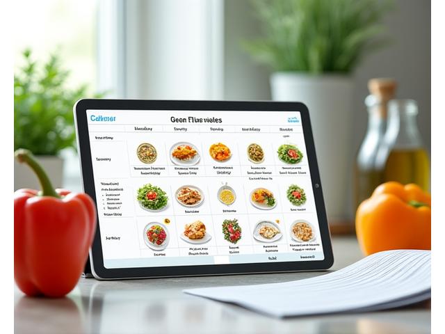 Calendario di pianificazione settimanale digitale con pasti mediterranei low-carb precompilati.