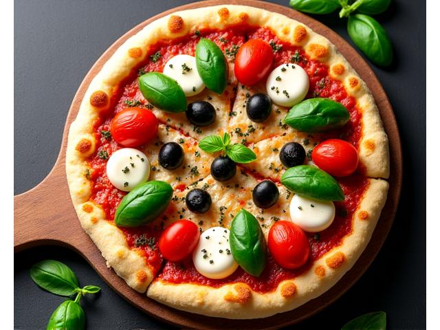 Pizza su base di cavolfiore con mozzarella, pomodoro, olive e rucola.