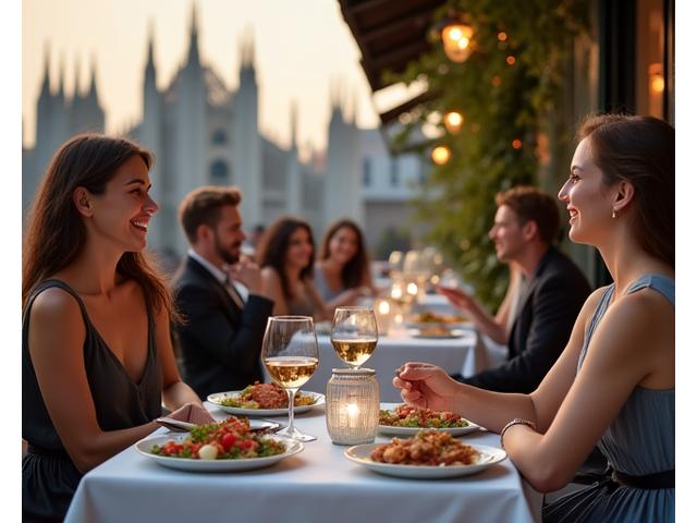  Coppia che cena in un elegante ristorante a Milano, ordinando piatti sani e godendosi la serata. Focus sui dettagli di un piatto mediterraneo low-carb.