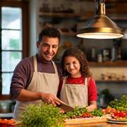 Foto di una famiglia sorridente (due adulti e due bambini) che prepara un pasto insieme.