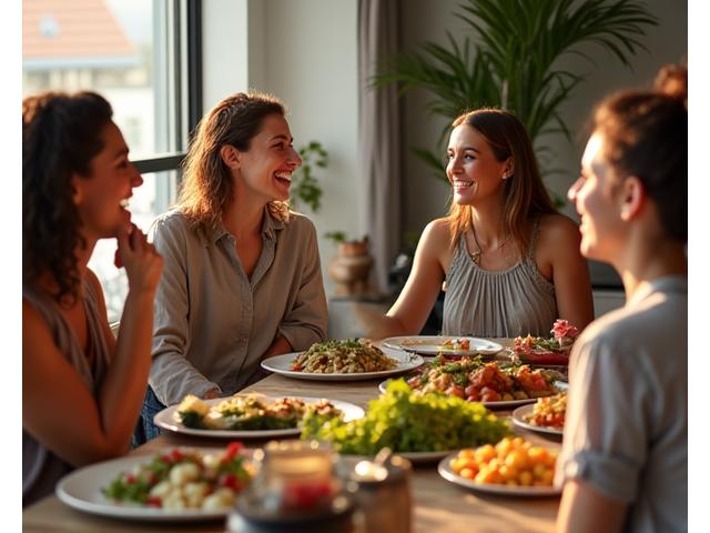 Gruppo di persone che interagiscono felicemente a un evento di community, tavola piena di cibo sano