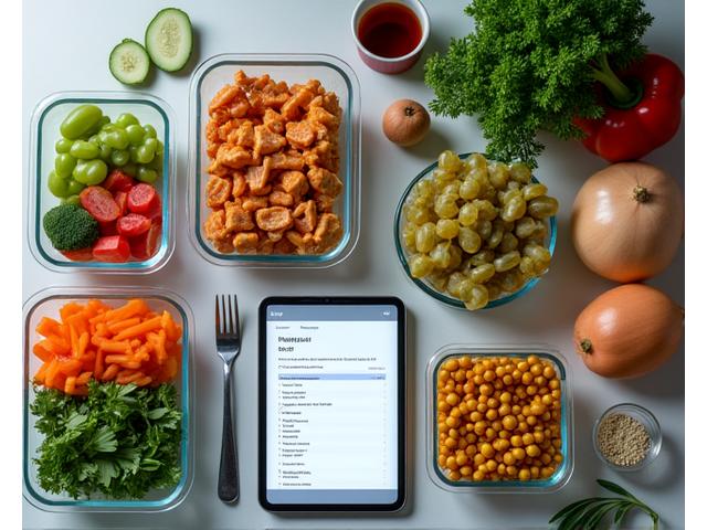 Tavolo da cucina organizzato con contenitori per meal prep e ingredienti freschi
