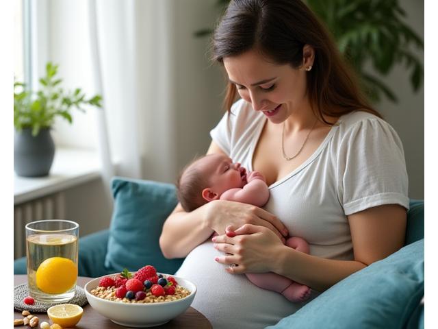 Madre che allatta serenamente il suo bambino, con un pasto sano e acqua a portata di mano