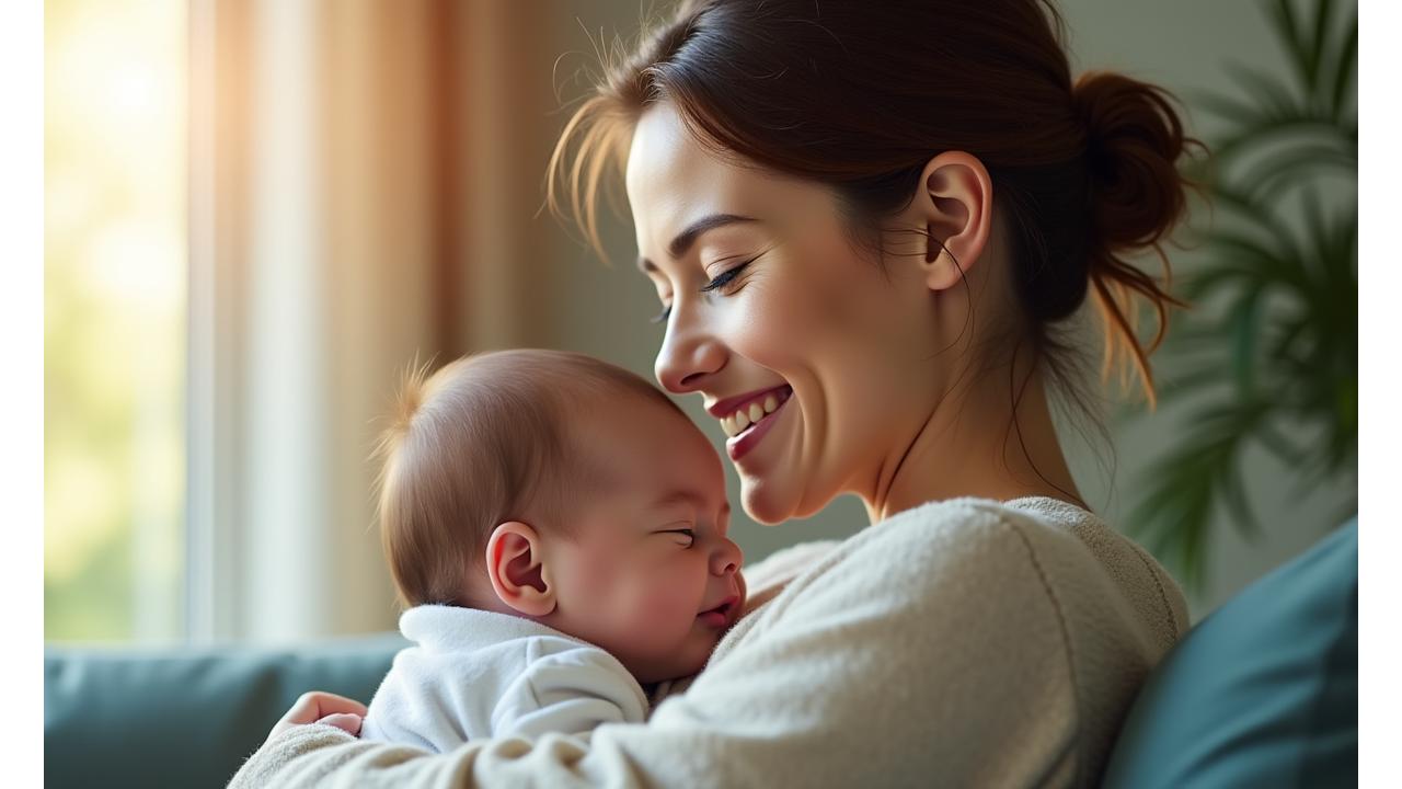 Mamma sorridente con neonato, simbolo di benessere e recupero postpartum