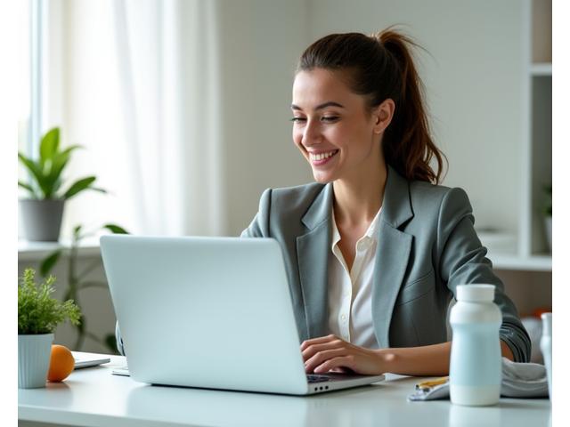 Donna professionista che lavora al computer con un sorriso, con un set di tiralatte e un pasto sano sulla scrivania, simbolo di equilibrio