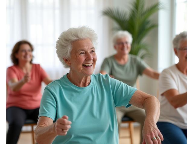 Gruppo di anziani sorridenti che praticano Tai Chi all'aperto, ambiente sereno e armonioso