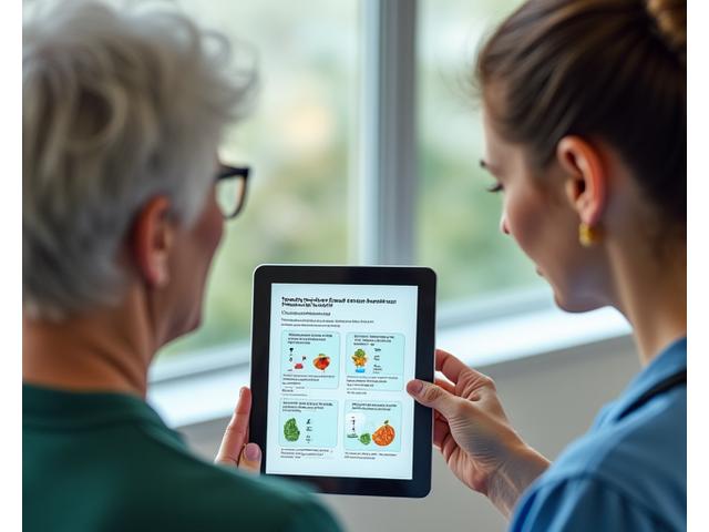 Mani di un medico che mostra ad una donna anziana un diagramma di interazioni tra cibo e farmaci su un tablet