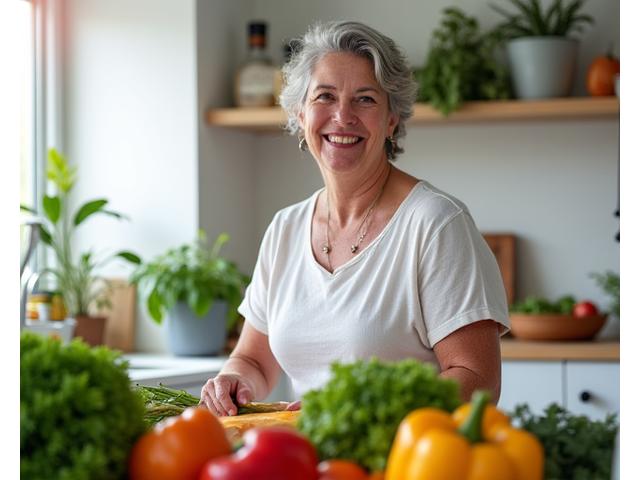 Donna sorridente di 50+ anni che cucina verdure fresche, ambiente cucina luminoso e moderno